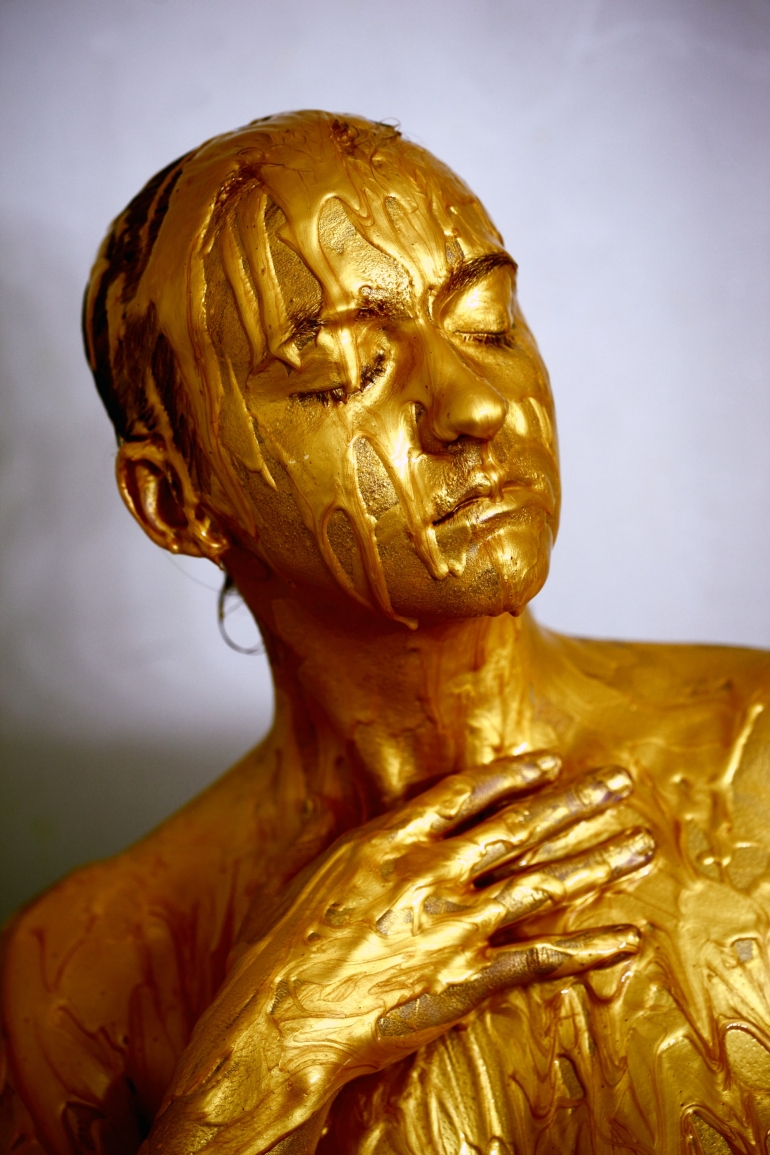 Sharon McCutcheon, We used an entire bottle of gold poster paint for this photo-shoot. It was fun and very messy. Truth and lies in Hollywood, politics, and beyond. Time’s UP!