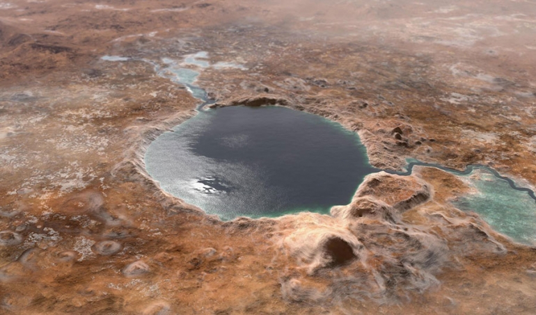 Ilustracija kratera Jerezo na Marsu kako je možda izgledao prije milijardu godina, kada je to bilo jezero. Rover Mars 2020 Perseverance lansiran je 30. srpnja 2020. s ciljem istraživanja tog područja na Marsu.