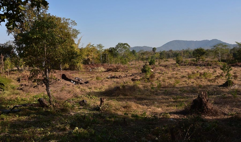 Mjesto iskopa je u prvom planu, a Phnom Dek (željezna planina) u pozadini.