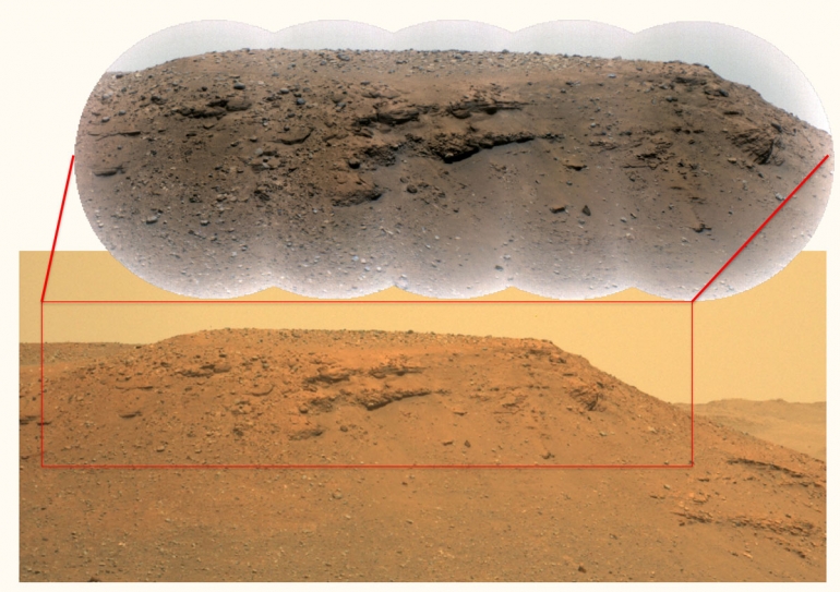 Dva pogleda na 'Delta Scarp': ova kompozitna slika 'Delta Scarpa' kratera Jezero nastala je pomoću podataka daljinskog mikroskopskog uređaja (Remote Microscopic Imager) i Mastcam-Z kamere Rovera Perseverance.