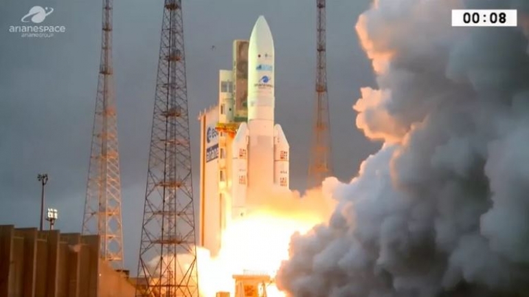 An Arianespace Ariane 5 rocket launches from French Guiana on April 5, 2018, carrying two commercial communications satellites to orbit. (Image credit: Arianespace)