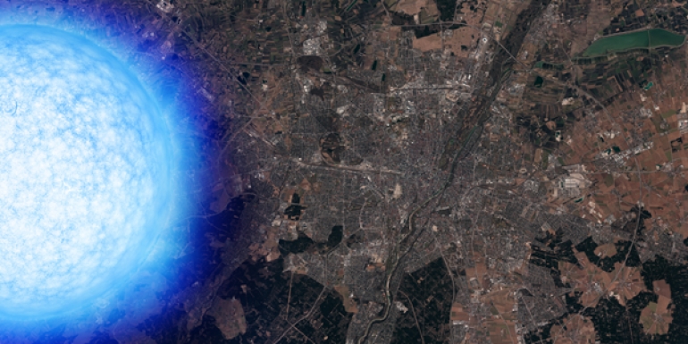 Neutronske zvijezde sadrže otprilike onoliko mase koliko i Sunce stisnuto u prostor koji nije mnogo veći od grada poput MĐ¼nchena u Njemačkoj, kao što je prikazano u konceptu ovog umjetnika. Izvor: ESO/ESRI World Imagery, L. CalĐ§ada