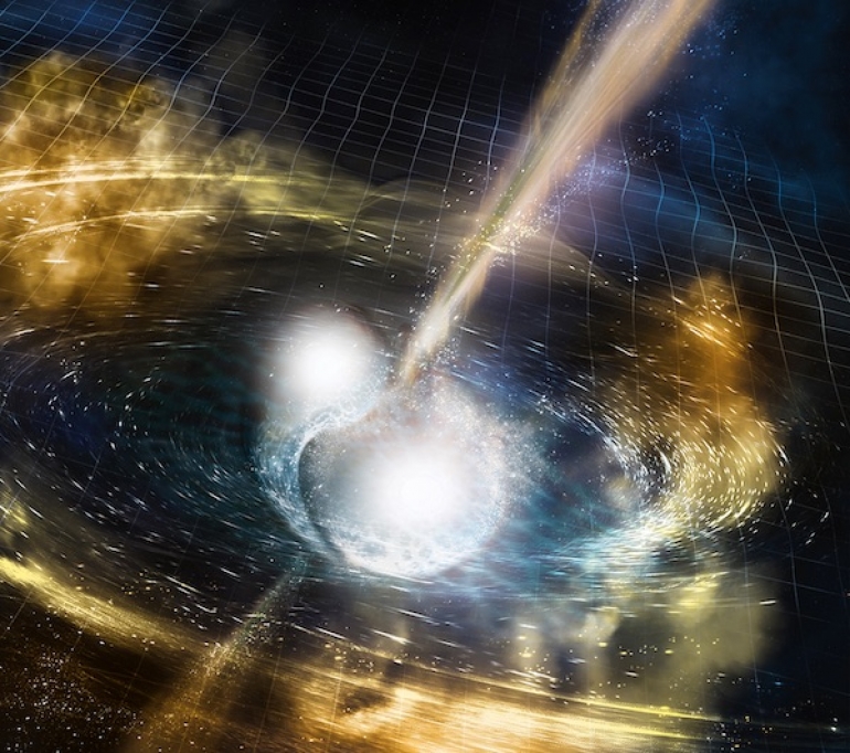 Dvije neutronske zvijezde spajaju se na ovoj ilustraciji. Dok se spajaju, vatrena kugla najtežih elemenata svemira izbacuje se u prostor. Ovi elementi postaju osnova oblaka plina koji na kraju formiraju zvijezde i planete. Izvor: NSF/LIGO/Sonoma State University/A. Simonnet