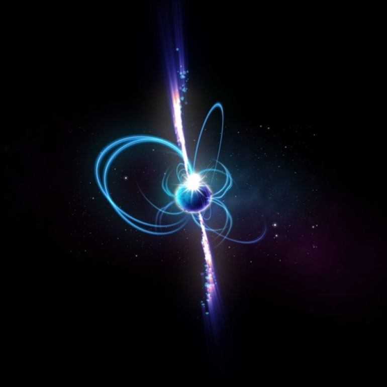 Umjetnikov dojam o tome kako bi predmet mogao izgledati ako je magnetar. Magnetari su nevjerojatno magnetske neutronske zvijezde, od kojih neke ponekad proizvode radio emisiju. Poznati magnetari rotiraju se svakih nekoliko sekundi, ali teoretski, 